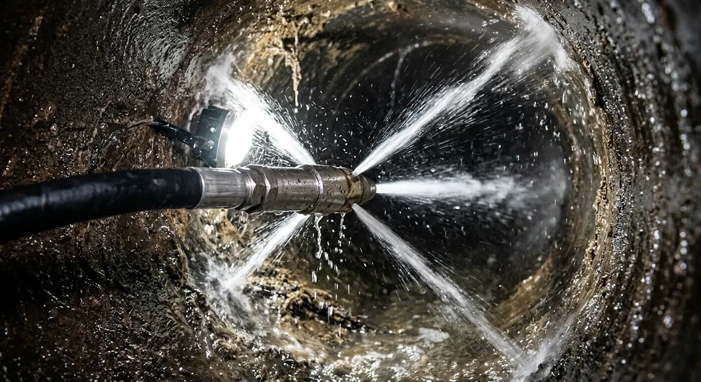 High-pressure hydro jetting nozzle cleaning sewer pipe for Sewer Cleanout in Newark