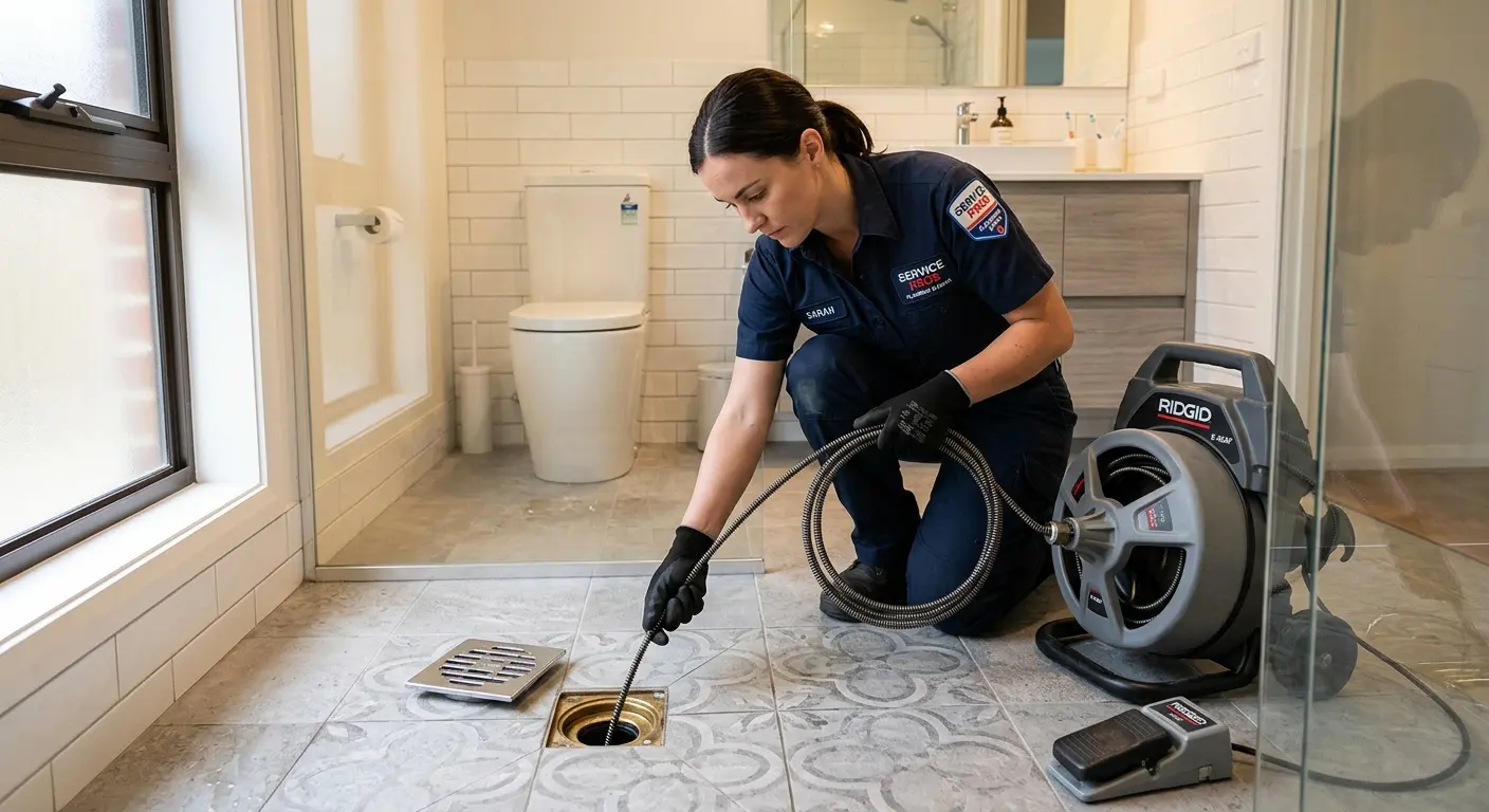 Technician clearing a bathroom floor drain for Drain Cleaning in Newark